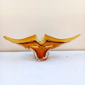 Vintage Amber Glass Art Bowl Mid-Century Modern Style Handblown Decorative Cente